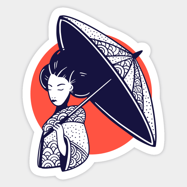 Vintage Sketch of a Japanese Woman in Kimono with Parasol Sticker by SLAG_Creative